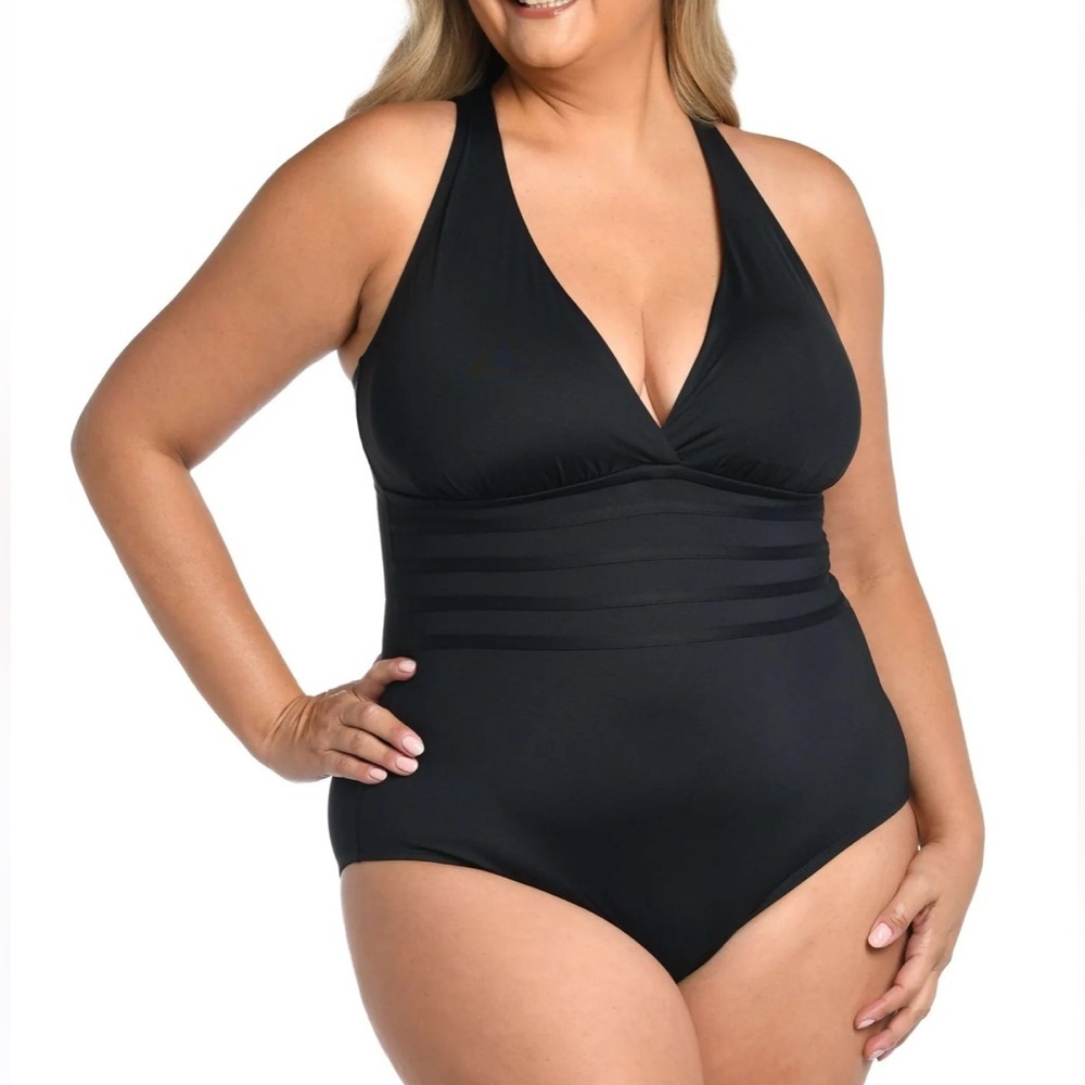 NEW LA BLANCA Black Multi-Strap Cross-Back One Piece